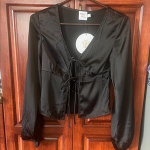 Princess Polly Black Satin Blouse with Tie Detail